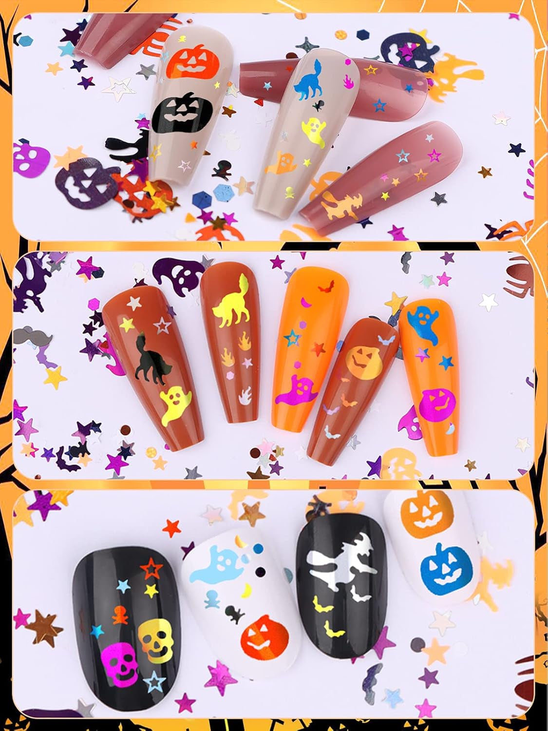 3 Boxes Halloween Nail Art Glitter Sequins, 3D Holographic Skull Spider Pumpkin Bat Ghost Witch Halloween Confetti Glitter for DIY Nail Art Halloween Party, Multicolor