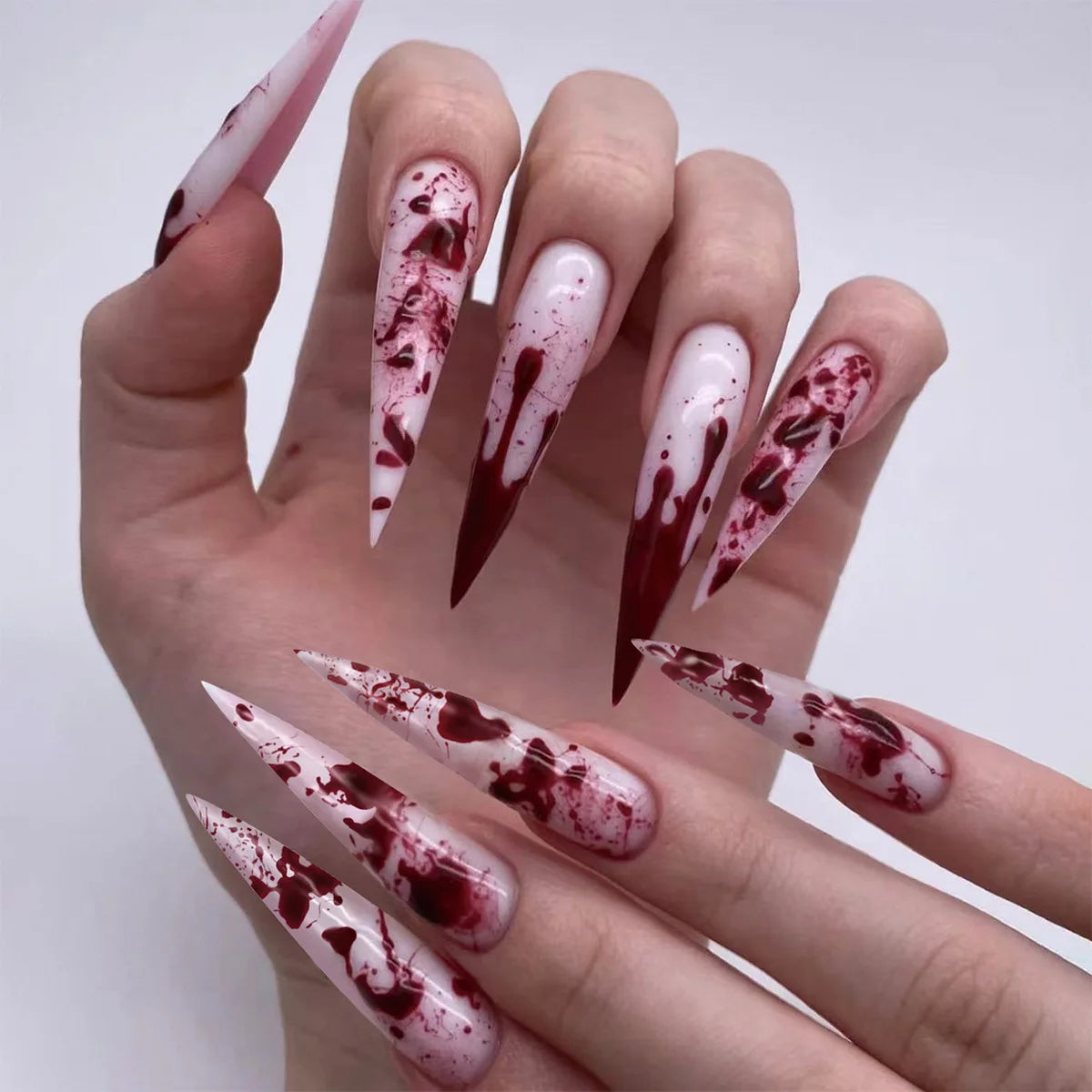 24Pcs Horror Comic Tomie Press on Nails Almond Glossy Black Japanese Anime Nails Reusable Halloween False Nail Tips for Girls
