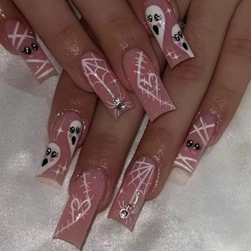 24Pcs Horror Comic Tomie Press on Nails Almond Glossy Black Japanese Anime Nails Reusable Halloween False Nail Tips for Girls
