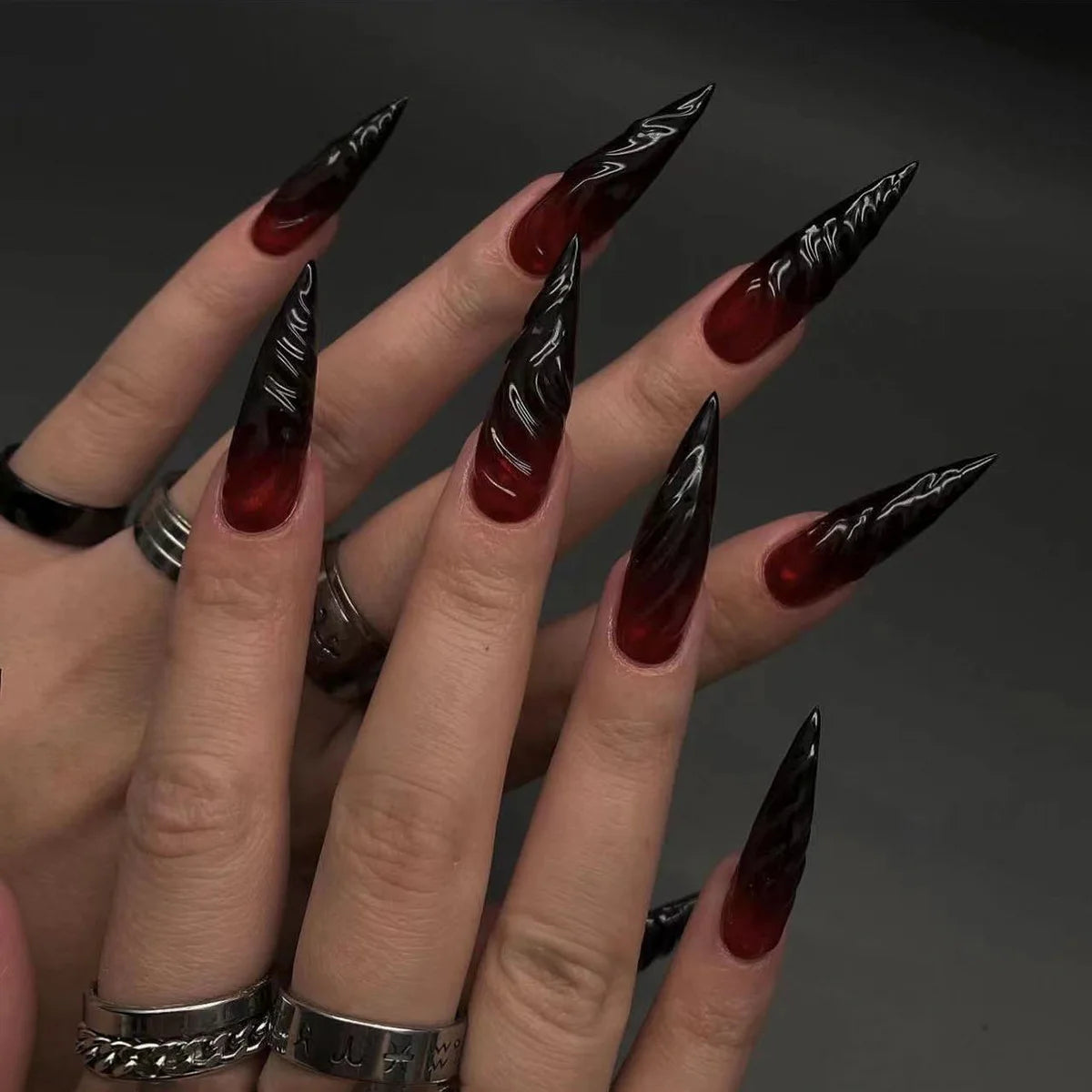 24Pcs Horror Comic Tomie Press on Nails Almond Glossy Black Japanese Anime Nails Reusable Halloween False Nail Tips for Girls