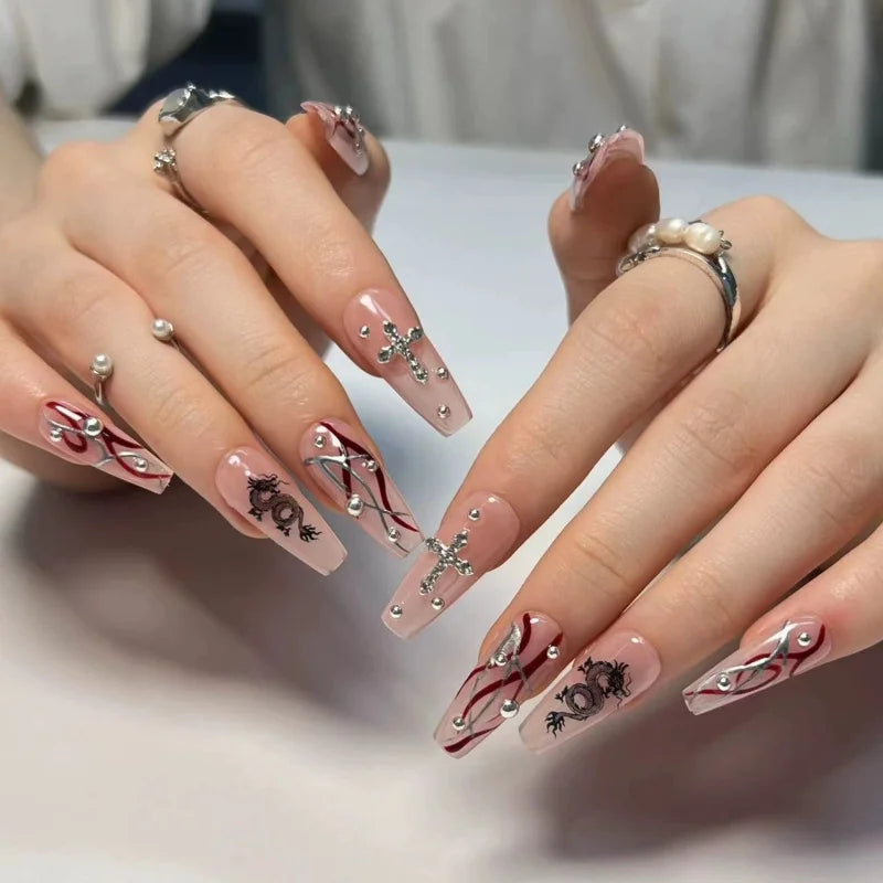 24Pcs Horror Comic Tomie Press on Nails Almond Glossy Black Japanese Anime Nails Reusable Halloween False Nail Tips for Girls