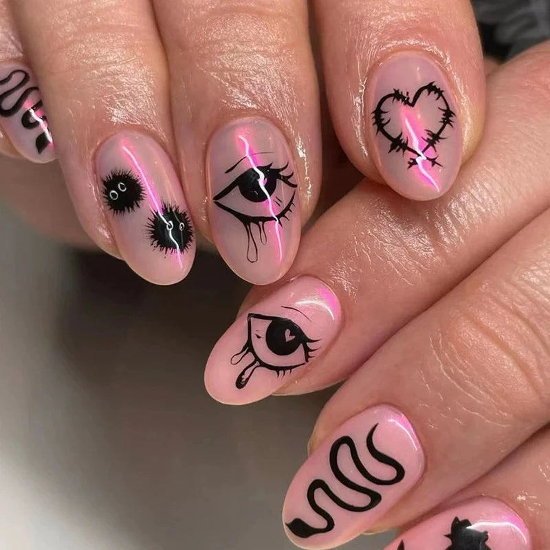 24Pcs Horror Comic Tomie Press on Nails Almond Glossy Black Japanese Anime Nails Reusable Halloween False Nail Tips for Girls