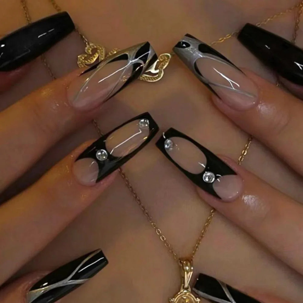 24Pcs Horror Comic Tomie Press on Nails Almond Glossy Black Japanese Anime Nails Reusable Halloween False Nail Tips for Girls