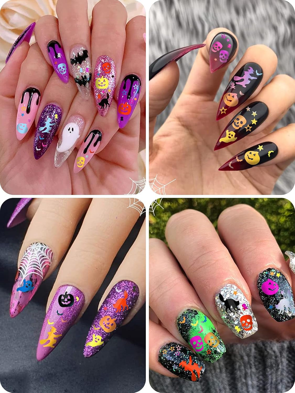 3 Boxes Halloween Nail Art Glitter Sequins, 3D Holographic Skull Spider Pumpkin Bat Ghost Witch Halloween Confetti Glitter for DIY Nail Art Halloween Party, Multicolor