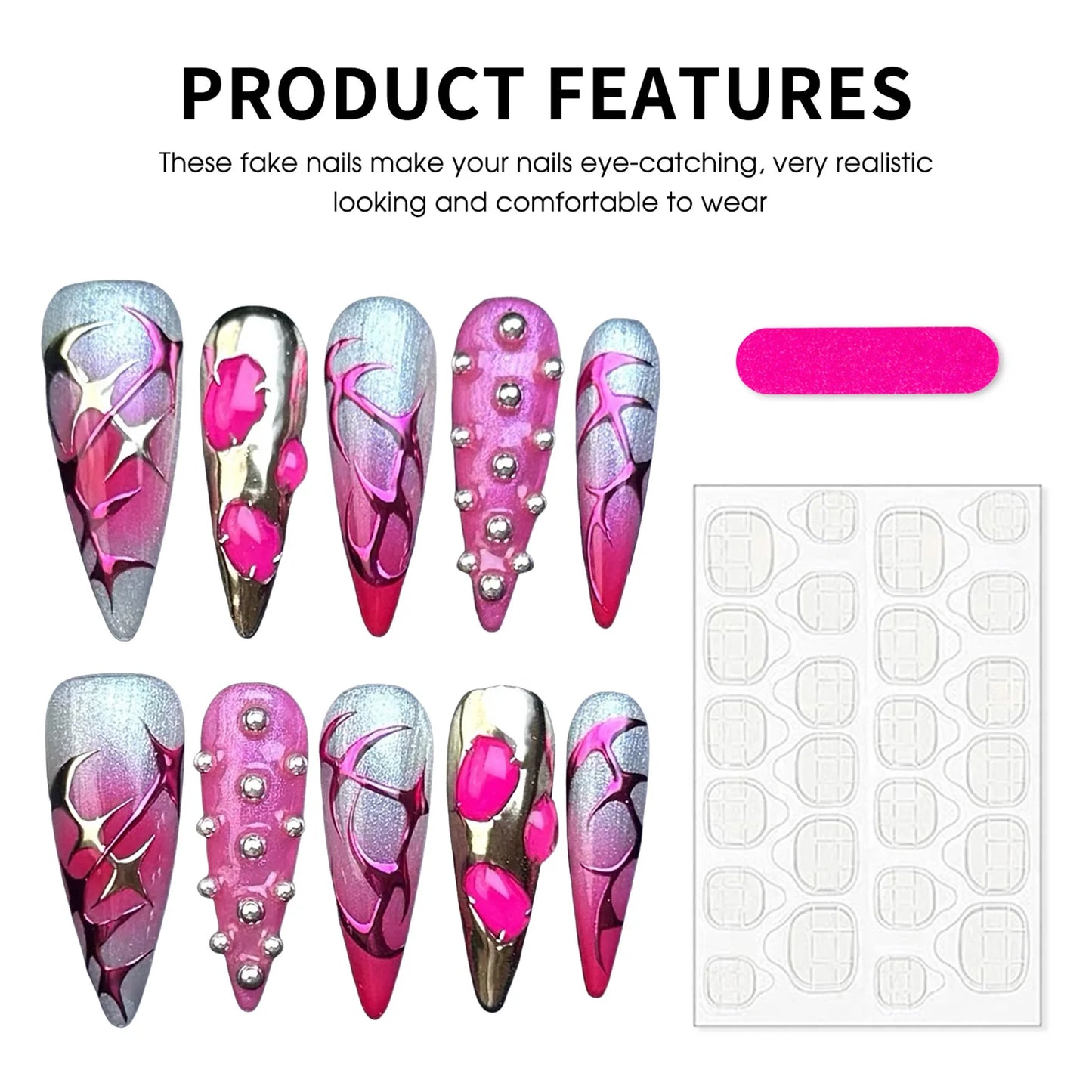10Pcs Pink Long Pointed Press on Nails Smudging Rose Red French Style Silver Stripe Handmade Fake Nail Sweet Cool False Nails