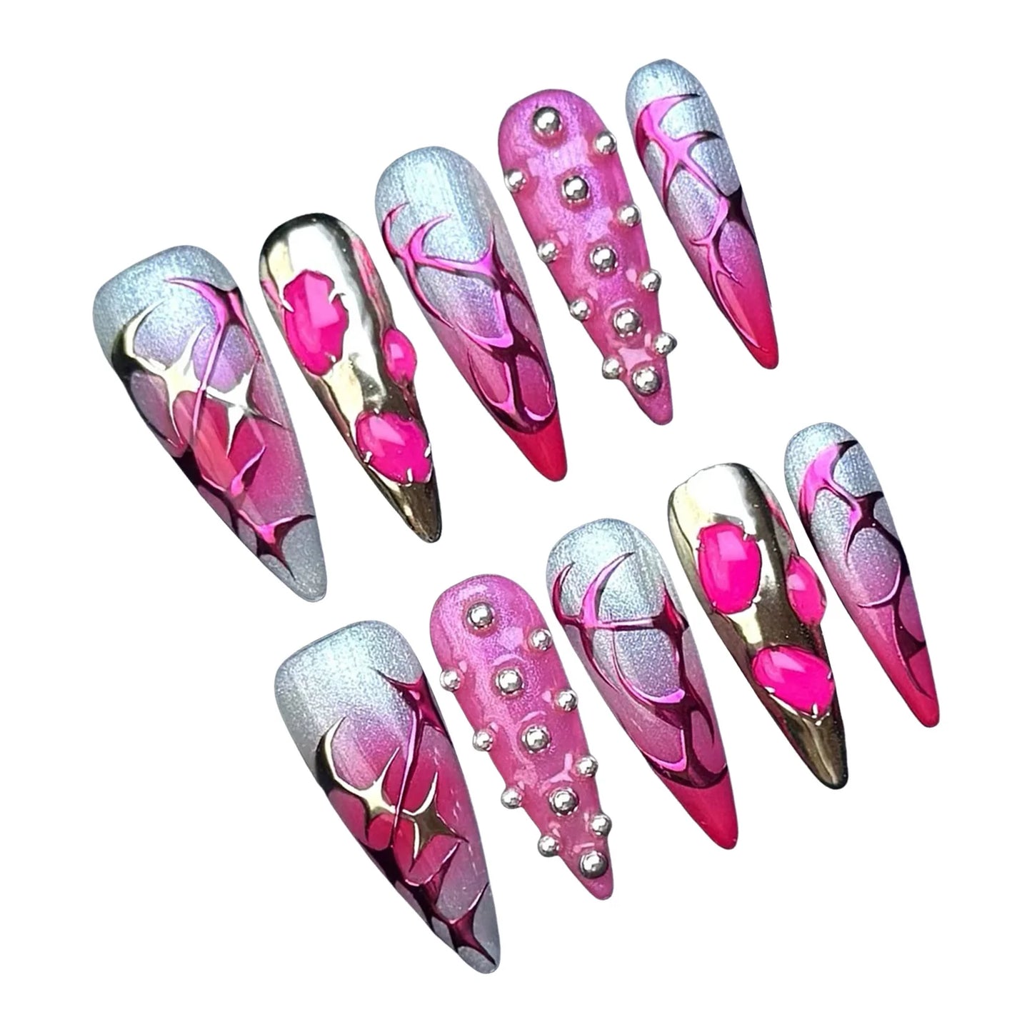 10Pcs Pink Long Pointed Press on Nails Smudging Rose Red French Style Silver Stripe Handmade Fake Nail Sweet Cool False Nails