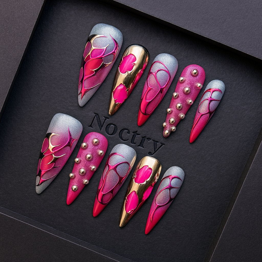 Pink XL Press On Nails β Glam French Design with Silver SparkleFake Nail Sweet Cool False Nails