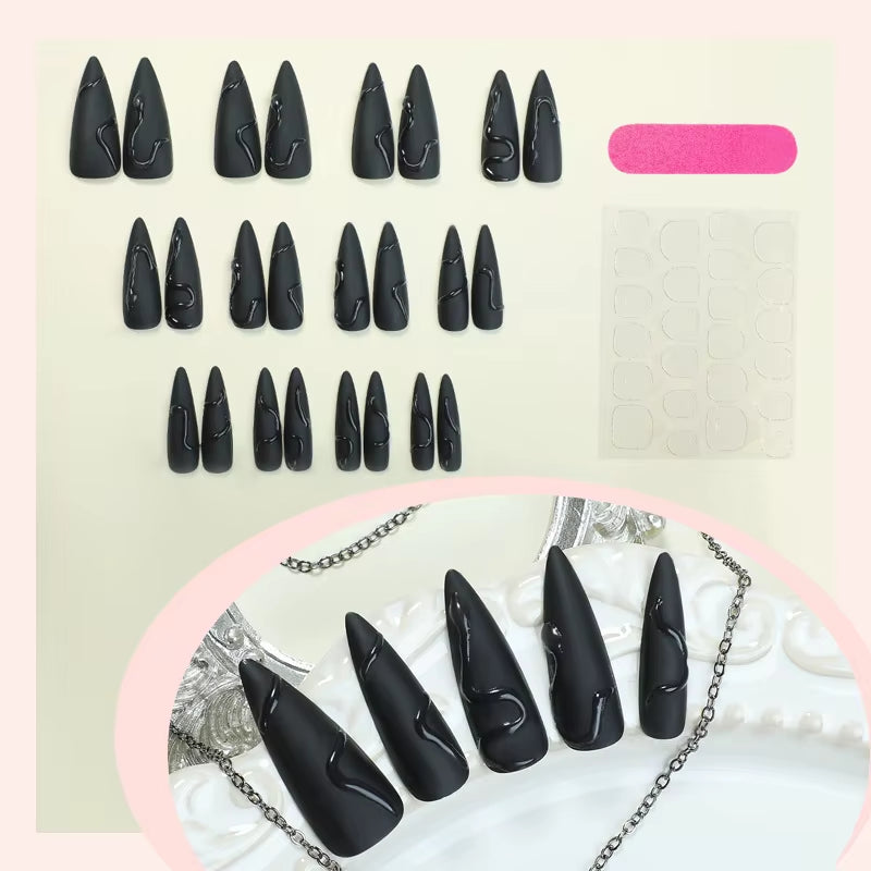 24Pcs Halloween Dark Scrub Fake Nails Press on Nails Wearable Y2K Nails Super Long Pointy Nails 3D Black Snake False Nails Tip