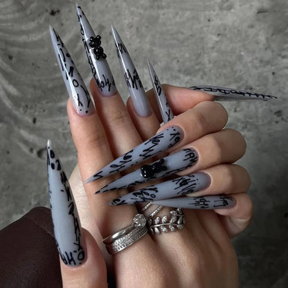 24Pcs Horror Comic Tomie Press on Nails Almond Glossy Black Japanese Anime Nails Reusable Halloween False Nail Tips for Girls