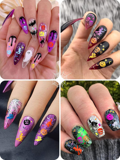 3 Boxes Halloween Nail Art Glitter Sequins, 3D Holographic Skull Spider Pumpkin Bat Ghost Witch Halloween Confetti Glitter for DIY Nail Art Halloween Party, Multicolor