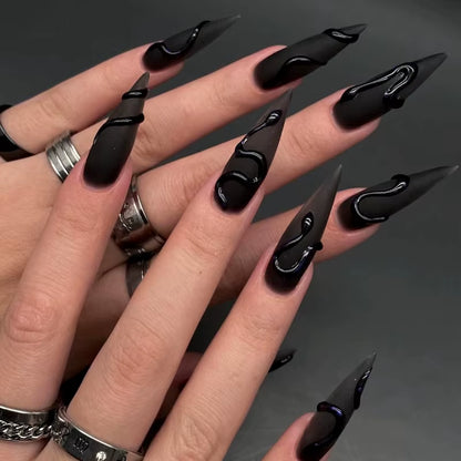 24Pcs Halloween Dark Scrub Fake Nails Press on Nails Wearable Y2K Nails Super Long Pointy Nails 3D Black Snake False Nails Tip