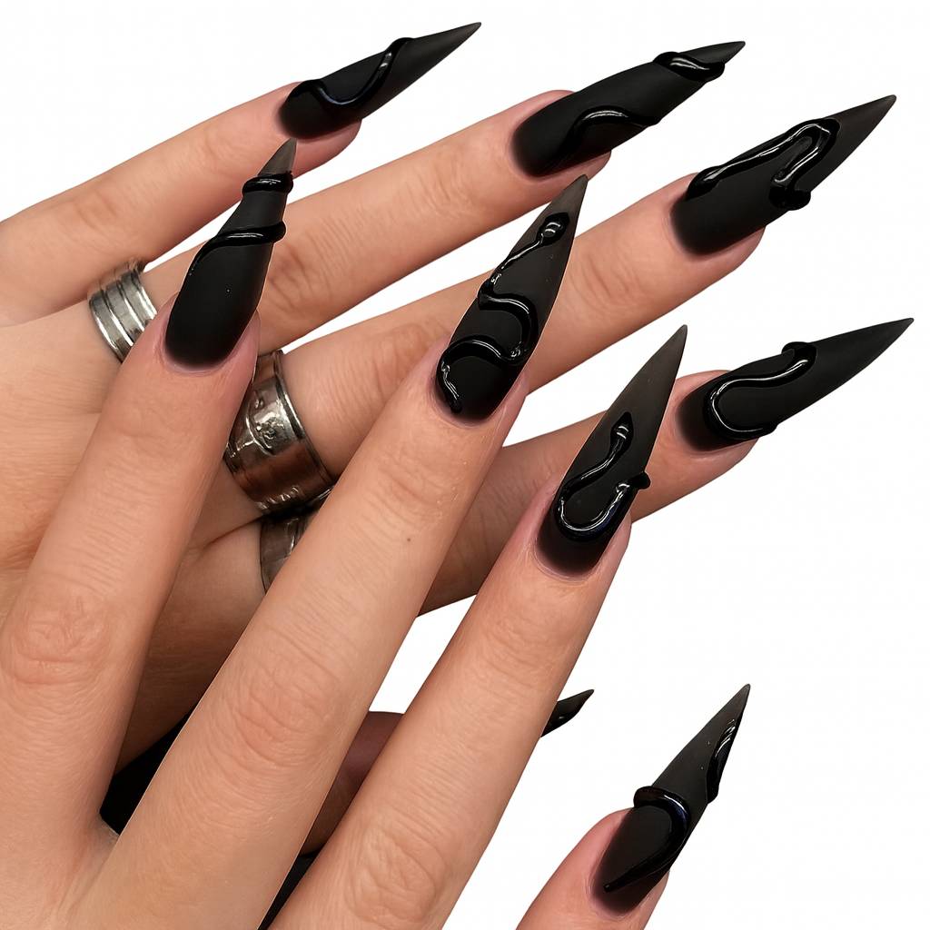 Halloween Press On Nails Set – Long, Dark & Elegant Designs