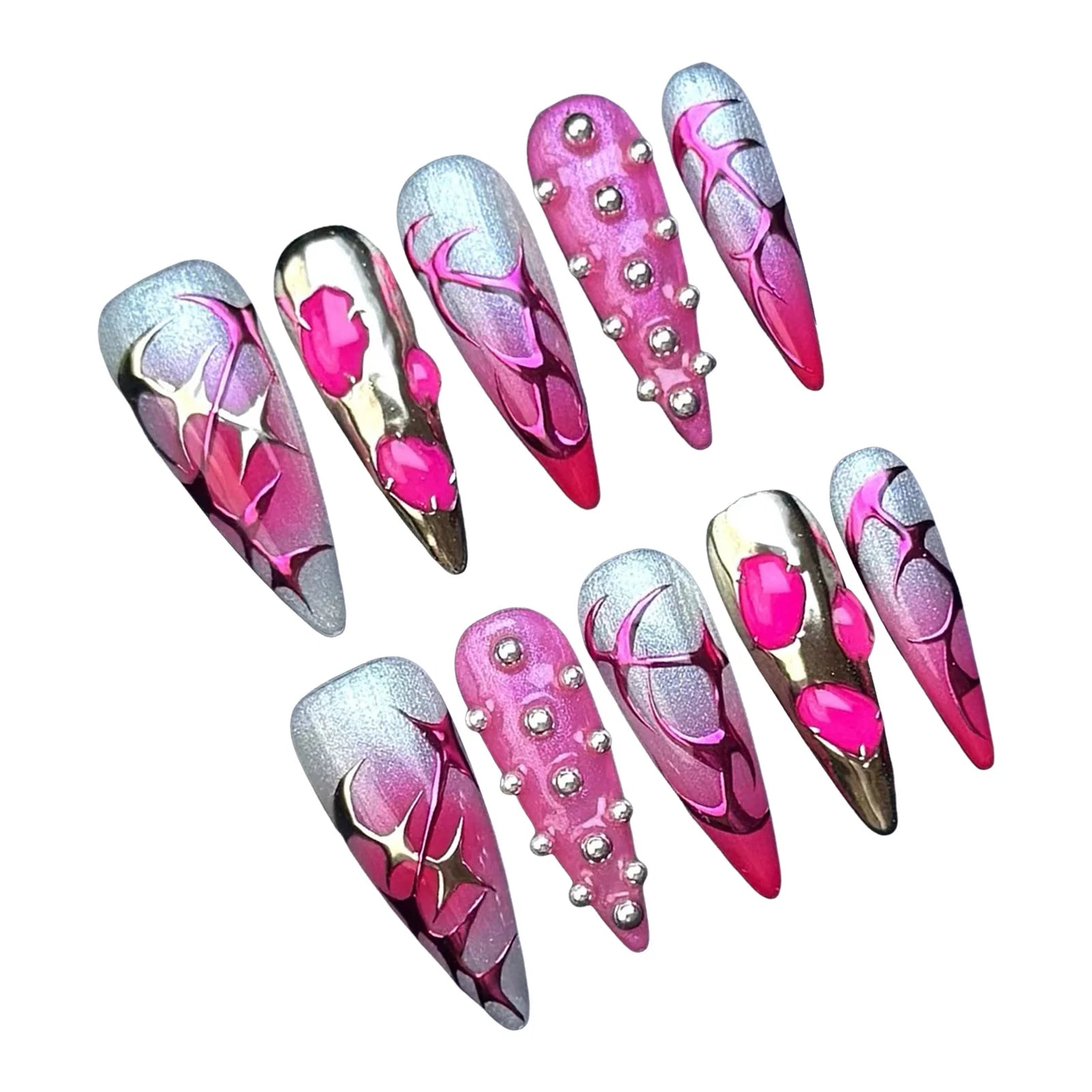 10Pcs Pink Long Pointed Press on Nails Smudging Rose Red French Style Silver Stripe Handmade Fake Nail Sweet Cool False Nails