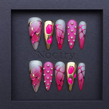 Pink XL Press On Nails – Glam French Design with Silver SparkleFake Nail Sweet Cool False Nails