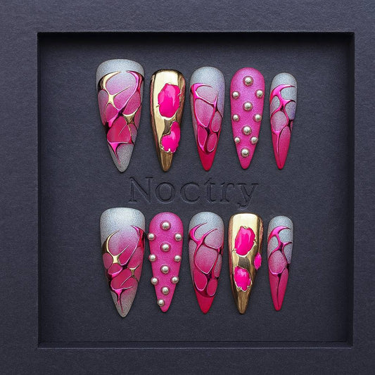 Pink XL Press On Nails – Glam French Design with Silver SparkleFake Nail Sweet Cool False Nails